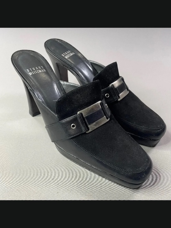 Stuart Weitzman Shoes - Stuart Weitzman Shoes Womens 8 black leather loafer heels horse bit slip on